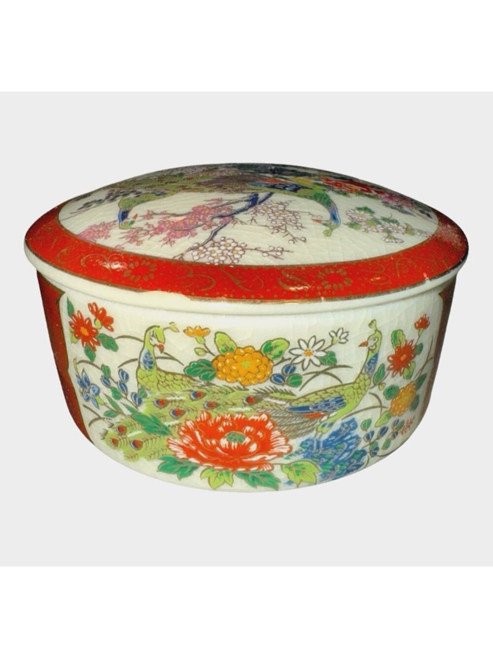 Vintage Satsuma Japanese Peacock Musical Jewelry Trinket Music Box 3.75" Japan